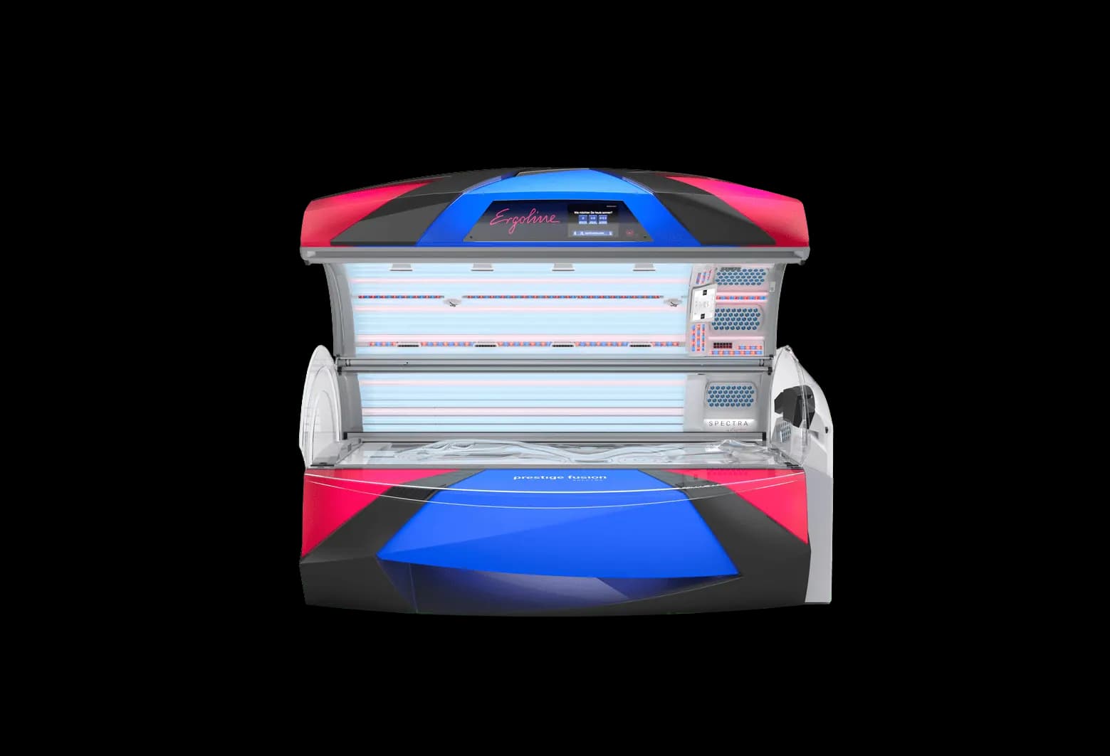 Ergoline Prestige Fusion Spectra Premium-Solarium mit Fusion Technology, geöffnete Liege bei Relax Sun & Beauty
