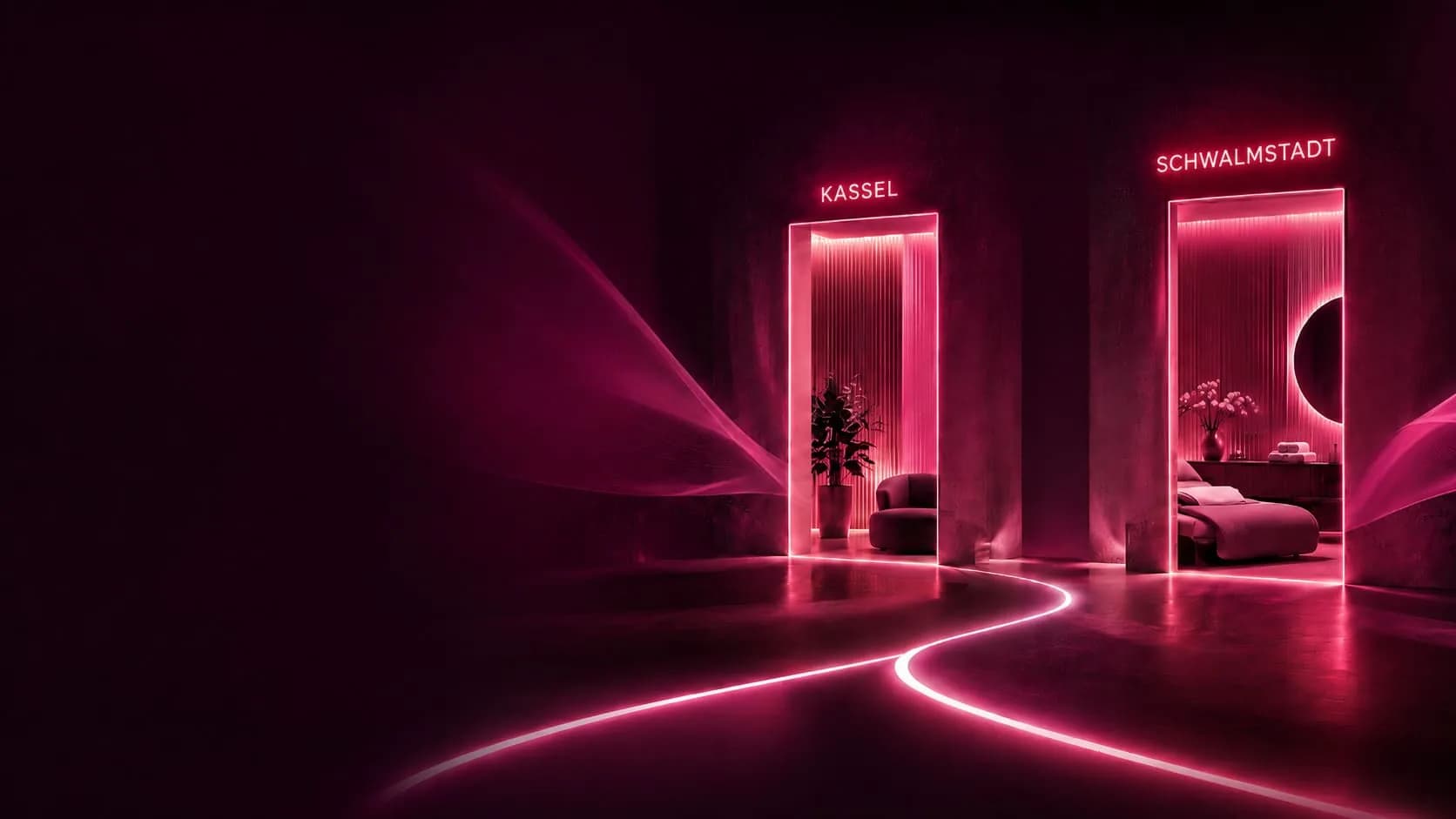 Zwei Neon-Portale mit den Schriftzügen Kassel und Schwalmstadt in pink-magenta Licht