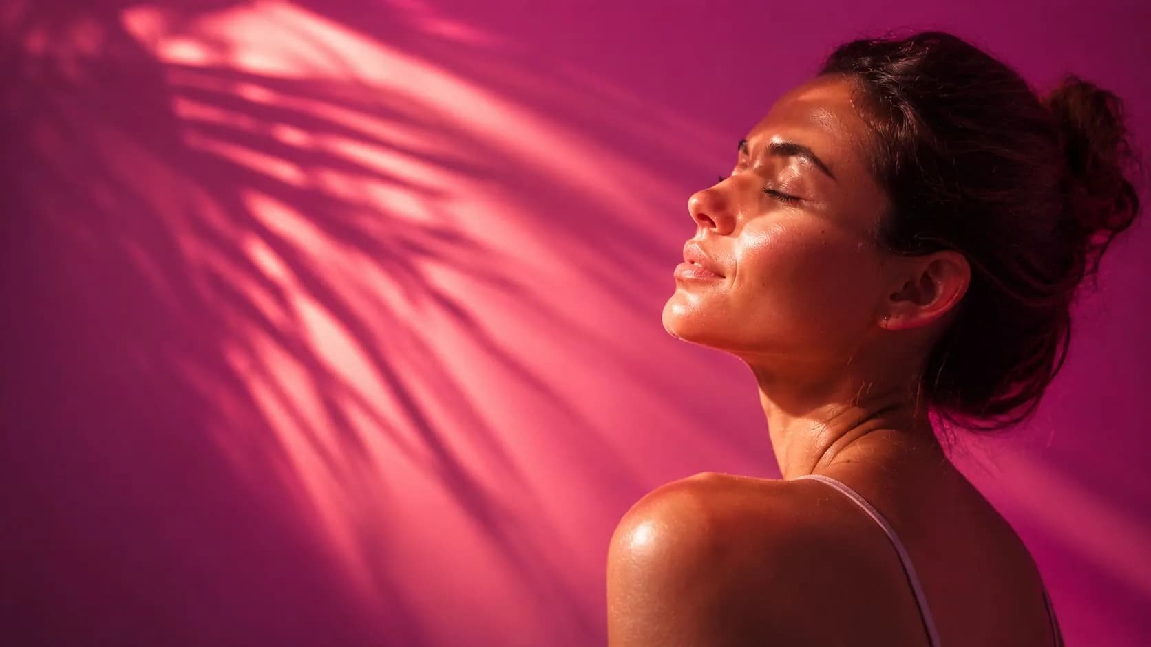 Frau genießt warmes Licht und Palmen-Schatten bei Relax Sun & Beauty