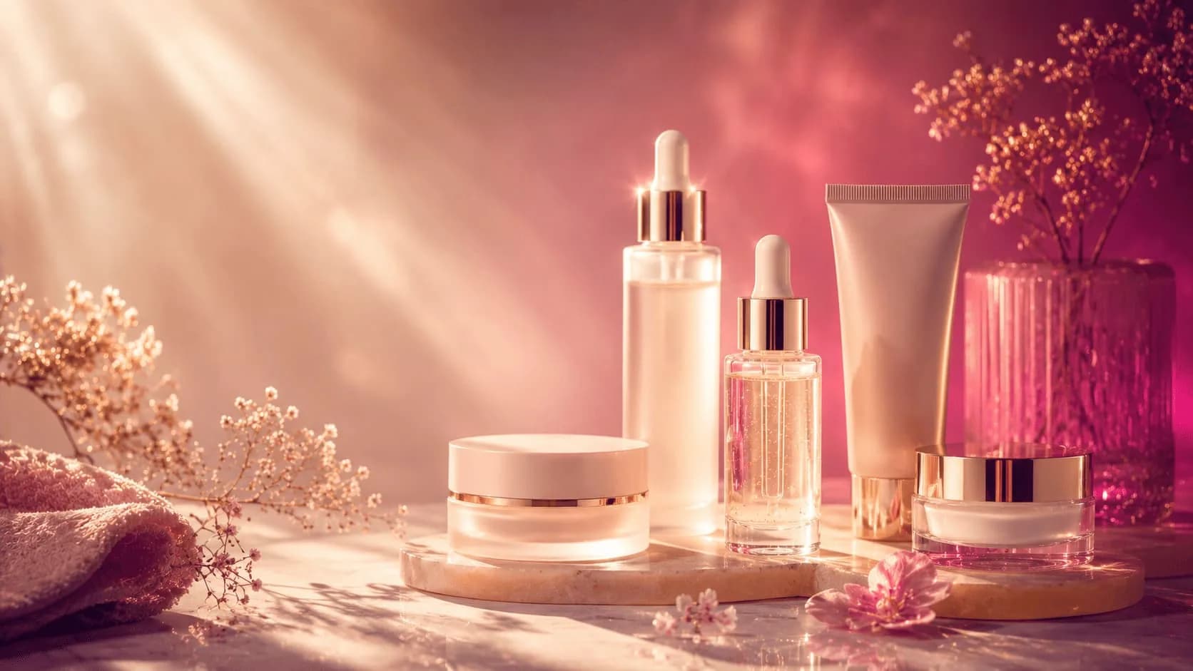Premium Beauty-Pflege-Stilleben mit goldenem Lichteinfall und rosa Glow