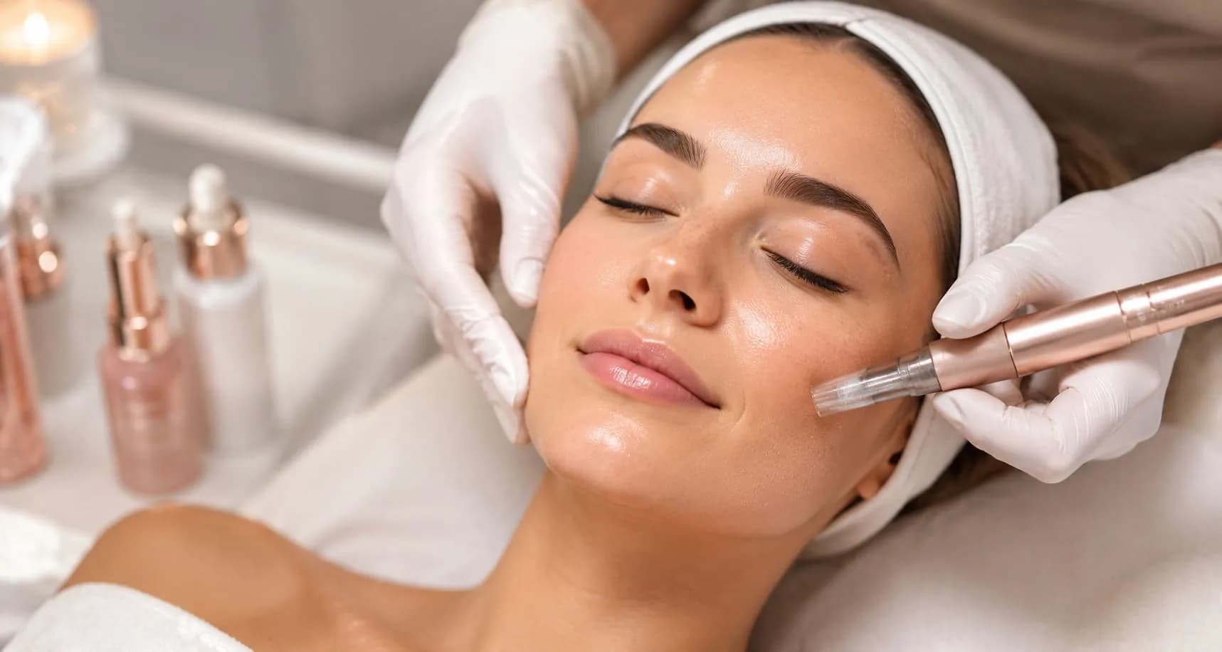 Premium Beauty Pflege Setting mit goldenem Lichteinfall und Rosa Glow