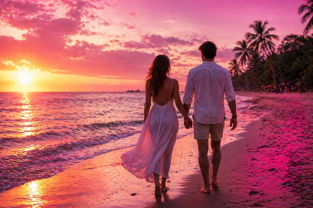 Pärchen am Strand bei Sonnenuntergang, die perfekte Auszeit