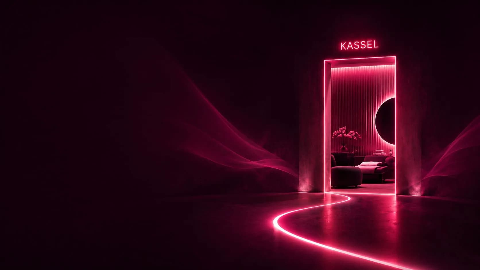 Sonnenstudio Kassel von Relax Sun & Beauty — Neon-Portal mit Kassel-Schriftzug, dahinter Beauty-Lounge in pink-magenta Licht