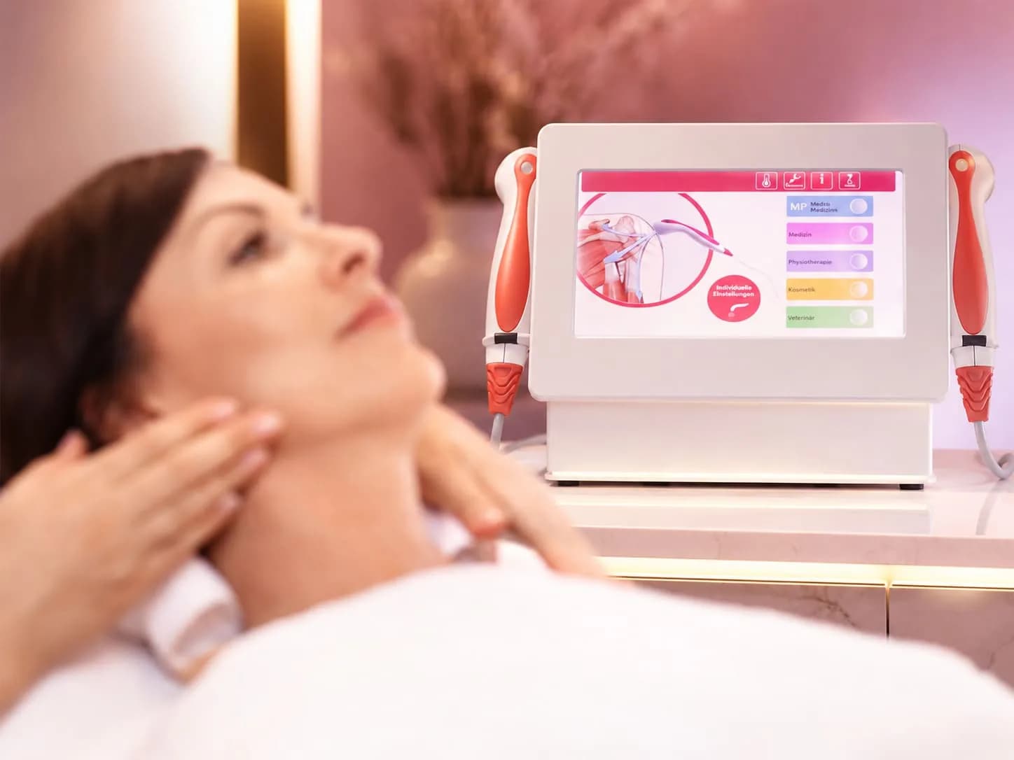 Frau bei der Titan F4 Vitalwellen-Behandlung am Hals, daneben das V-Sonic Steuergerät mit Touch-Display